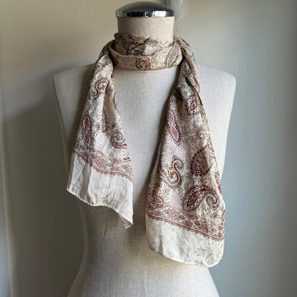 Club 7 by Echo Paisley Silk Blend Scarf Cream Beige Pink Boho 47x9.75 - Picture 4 of 5